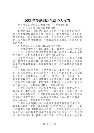 20XX年专题组织生活个人发言稿