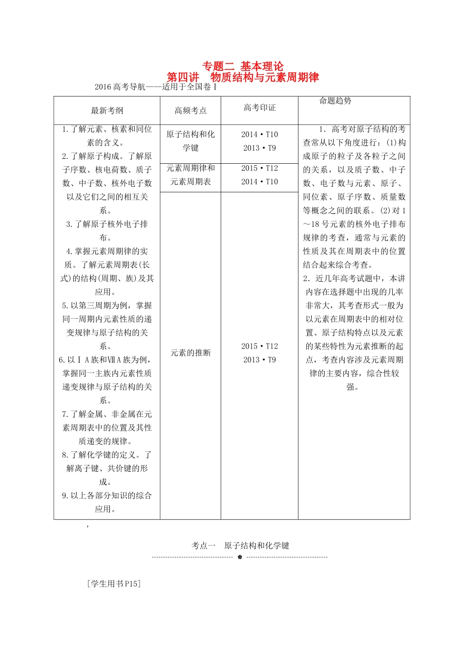 优化方案（全国通用）高考化学二轮复习 上篇 专题突破方略 专题二 基本理论 第四讲 物质结构与元素周期律学案-人教版高三全册化学学案_第1页