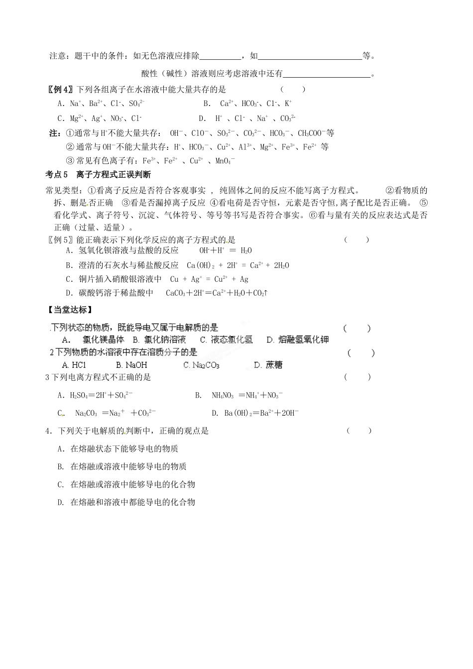 江苏省灌南高级中学高二化学 离子反应学案_第2页