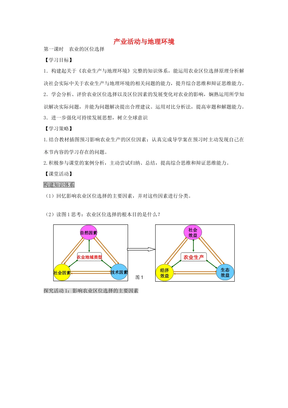 江苏省扬州市高考地理二轮专题复习 产业活动与地理环境 第1课时 产业活动与地理环境学案-人教版高三全册地理学案_第1页