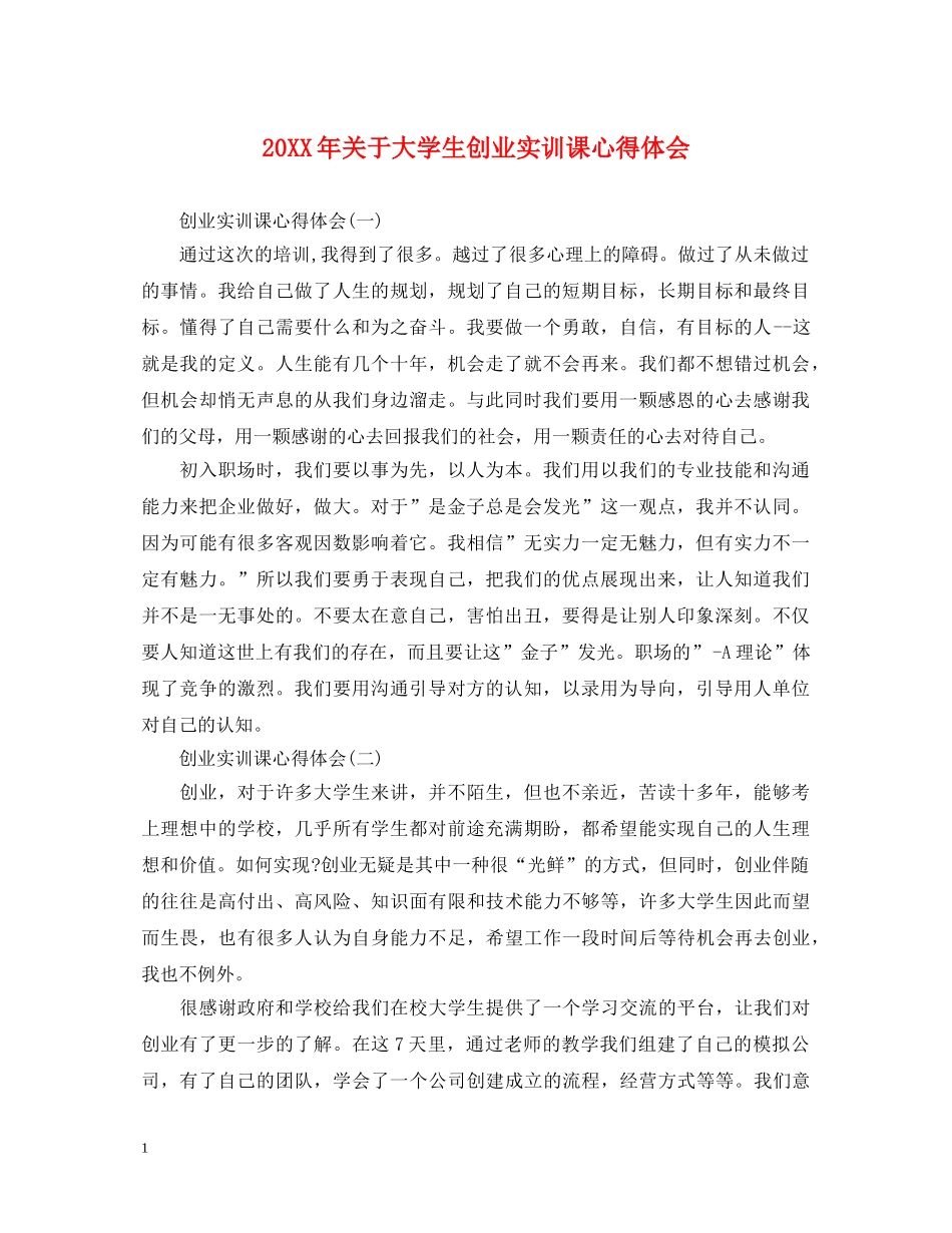 20XX年关于大学生创业实训课心得体会 _第1页