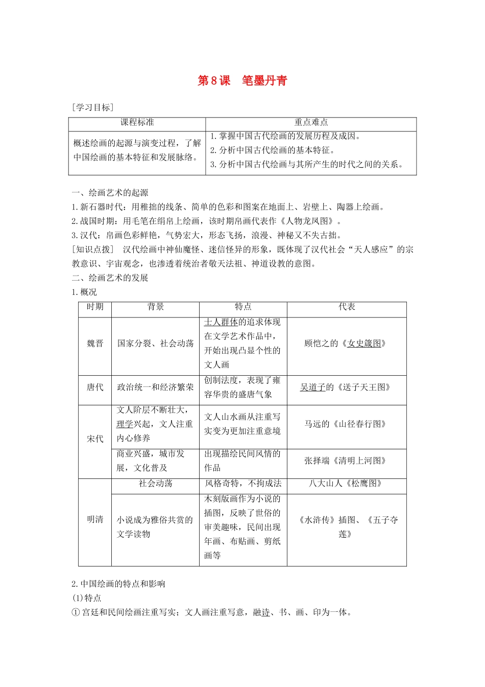 高中历史 第二单元 中国古代文艺长廊总结 第8课 笔墨丹青学案 岳麓版必修3-岳麓版高一必修3历史学案_第1页