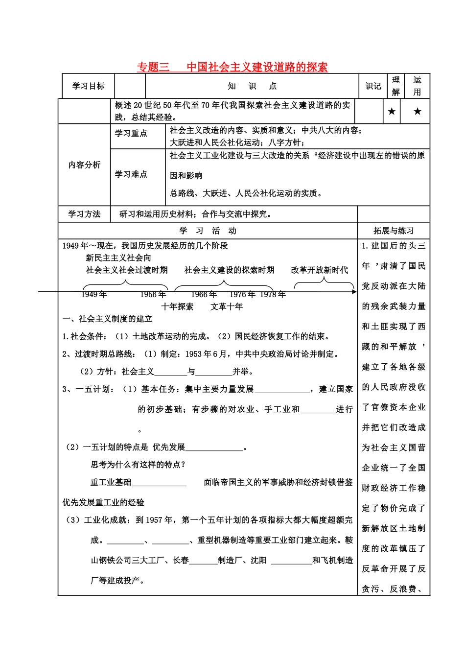 河北省高碑店市第三中学高中历史 专题三第一节 社会主义建设在探索中曲折发展导学案 新人教版必修2_第1页