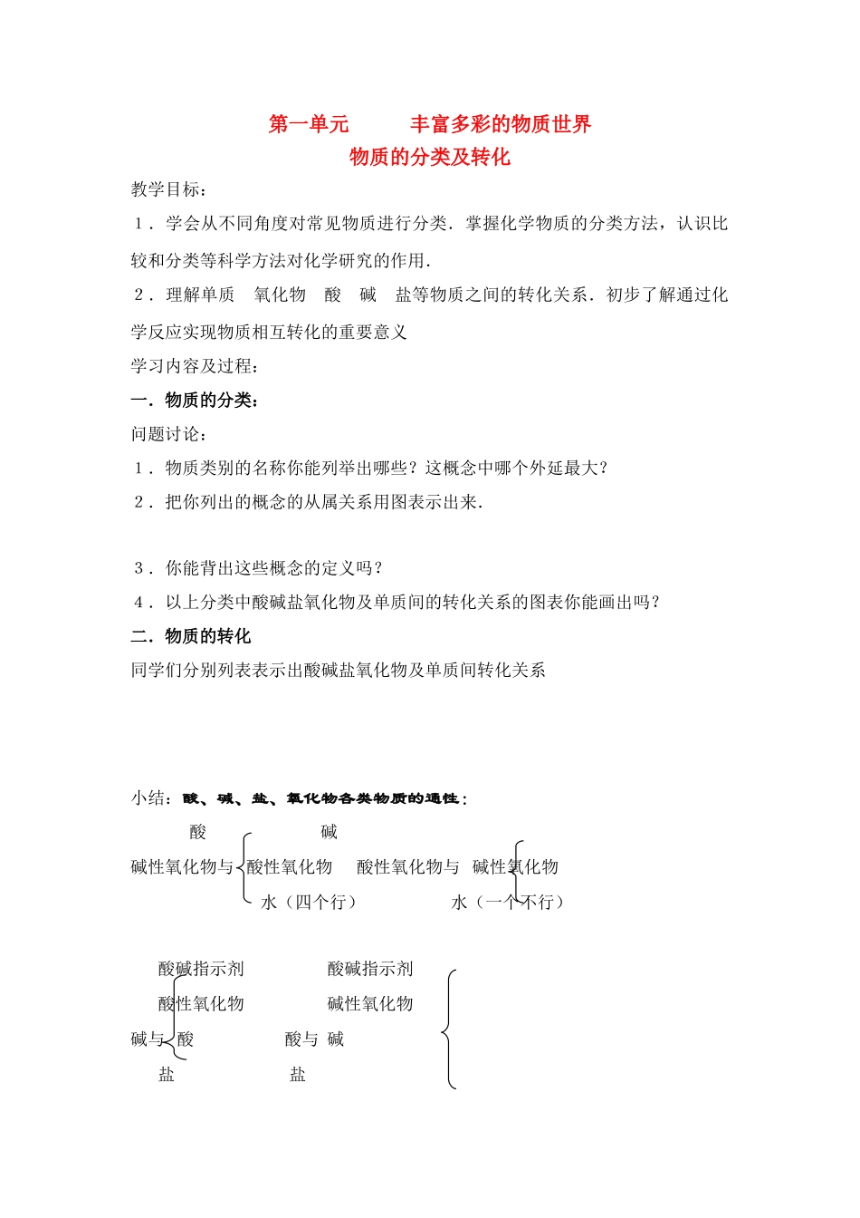 高中化学第一单元 物质的分类及转化课时1学案 苏教版必修1_第1页