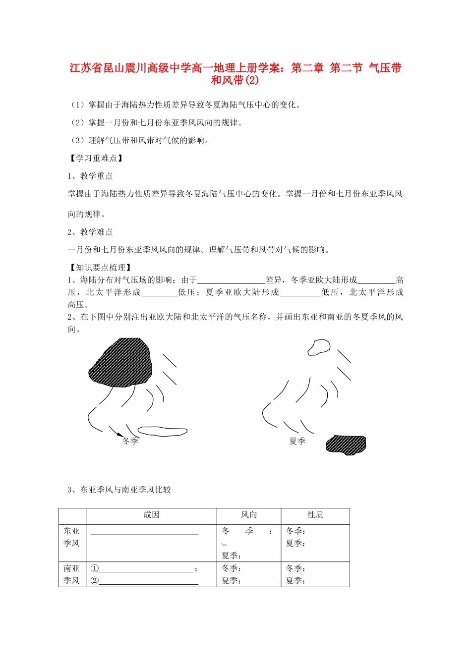 江苏省昆山震川高级中学高一地理上册 第二章 第二节 气压带和风带(2)学案_第1页