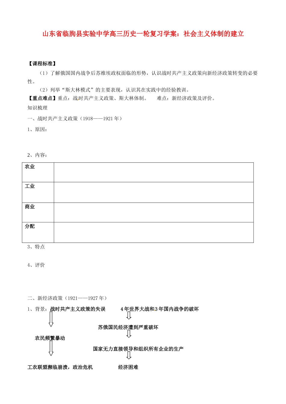 山东省临朐县实验中学高三历史一轮复习 社会主义体制的建立学案_第1页