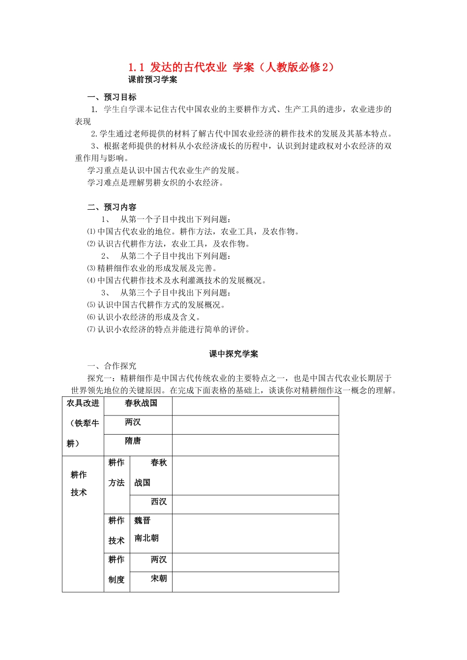 山东省威海二中高中历史 1.1 发达的古代农业学案 新人教版必修2_第1页