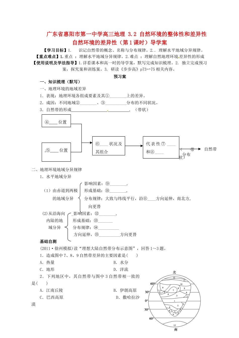 广东省惠阳市第一中学高三地理 3.2 自然环境的整体性和差异性 自然环境的差异性（第1课时）导学案_第1页