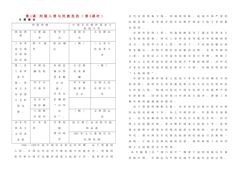 高中历史 专题二 近代中国维护国家主权的斗争 第1课 列强入侵与民族危机（第2课时）学案 人民版必修1-人民版高一必修1历史学案_第1页