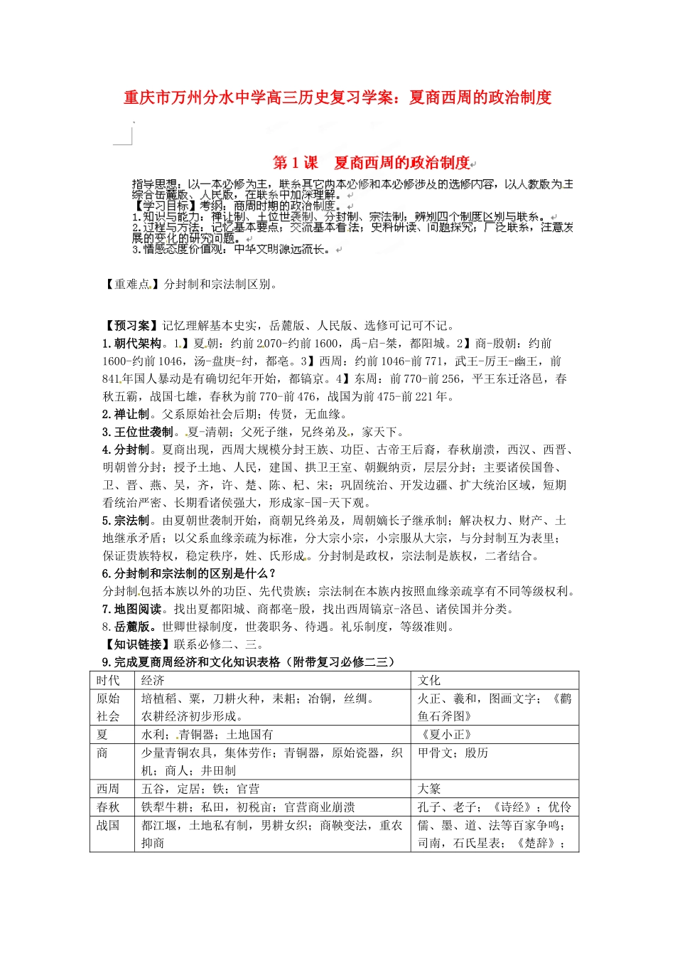 重庆市万州分水中学高三历史 夏商西周的政治制度复习学案_第1页