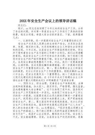 20XX年安全生产会议上的领导讲话发言稿(2)