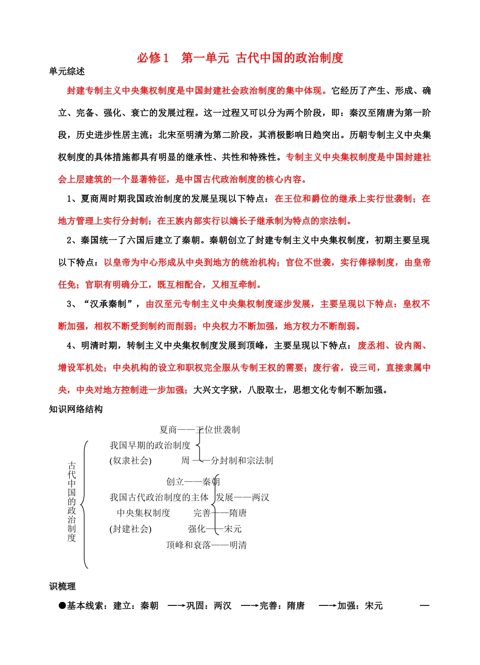 高中历史 第一单元 古代中国的政治制度知识体系整理学案 人民版必修1_第1页