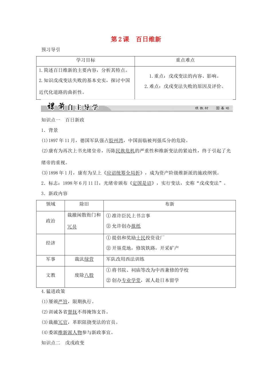 高中历史 专题九 戊戌变法 9-2 百日维新学案 人民版选修1-人民版高二选修1历史学案_第1页