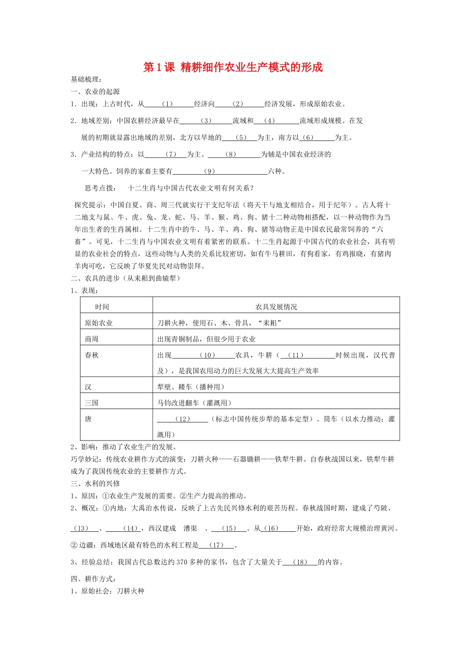高中历史 《精耕细作农业生产模式的形成》学案4 岳麓版必修2_第1页