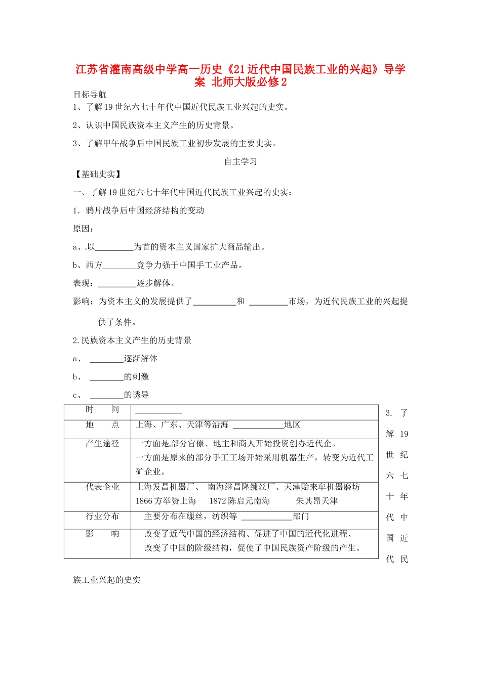 江苏省灌南高级中学高中历史《21近代中国民族工业的兴起》导学案 北师大版必修2_第1页