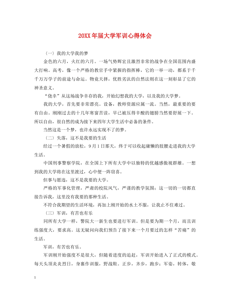 20XX年届大学军训心得体会 _第1页