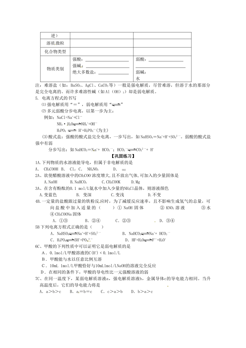 河北邯郸市第四中学高中化学《3.1弱电解质的电离平衡》学案 新人教版选修4_第2页