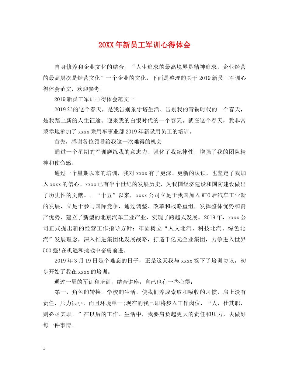 20XX年新员工军训心得体会 _第1页