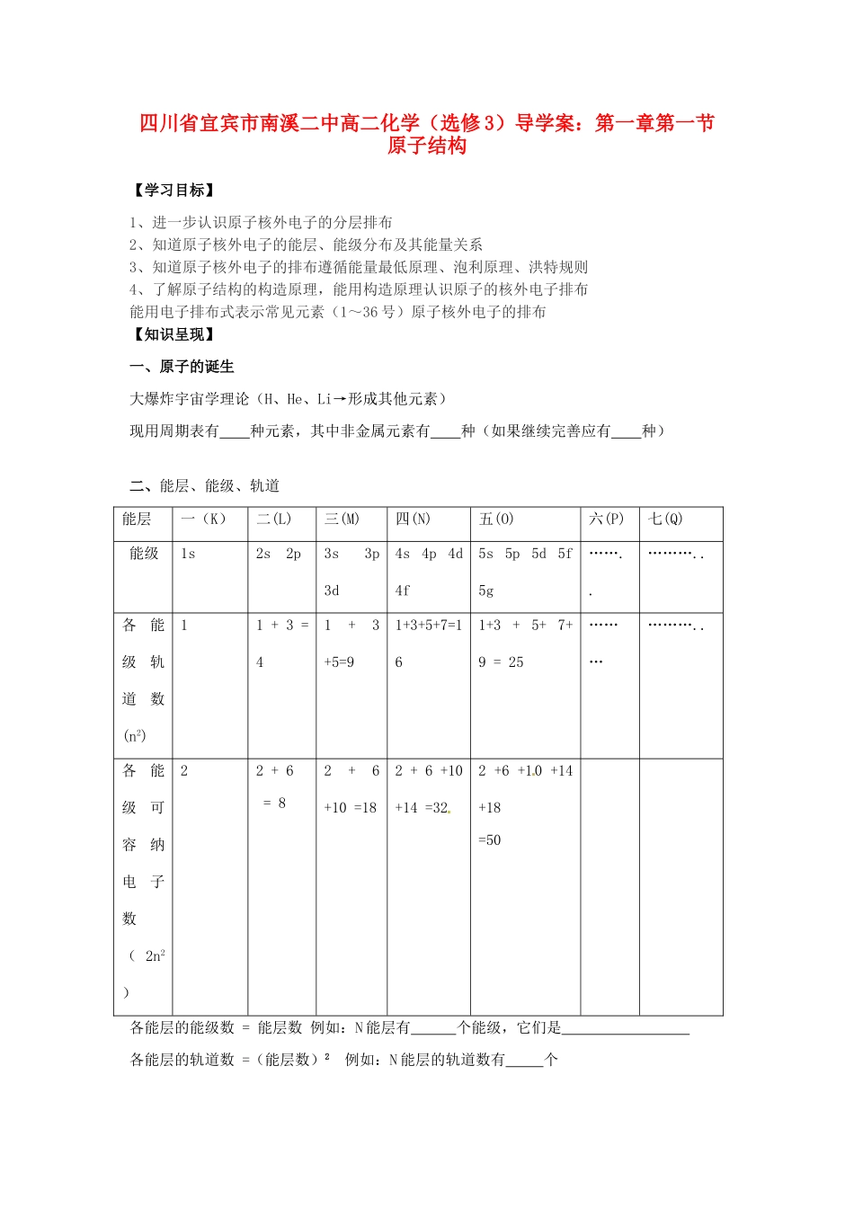 四川省宜宾市南溪二中高中化学 第一章第一节 原子结构导学案 新人教版选修3_第1页