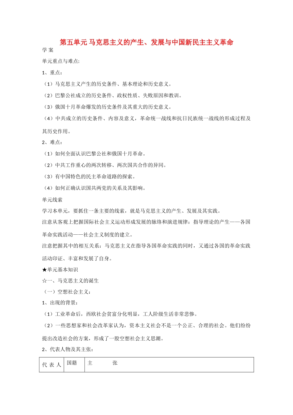 高中历史：第五单元《马克思主义的产生、发展与中国新民主主义革命》学案（岳麓版08版必修1）_第1页