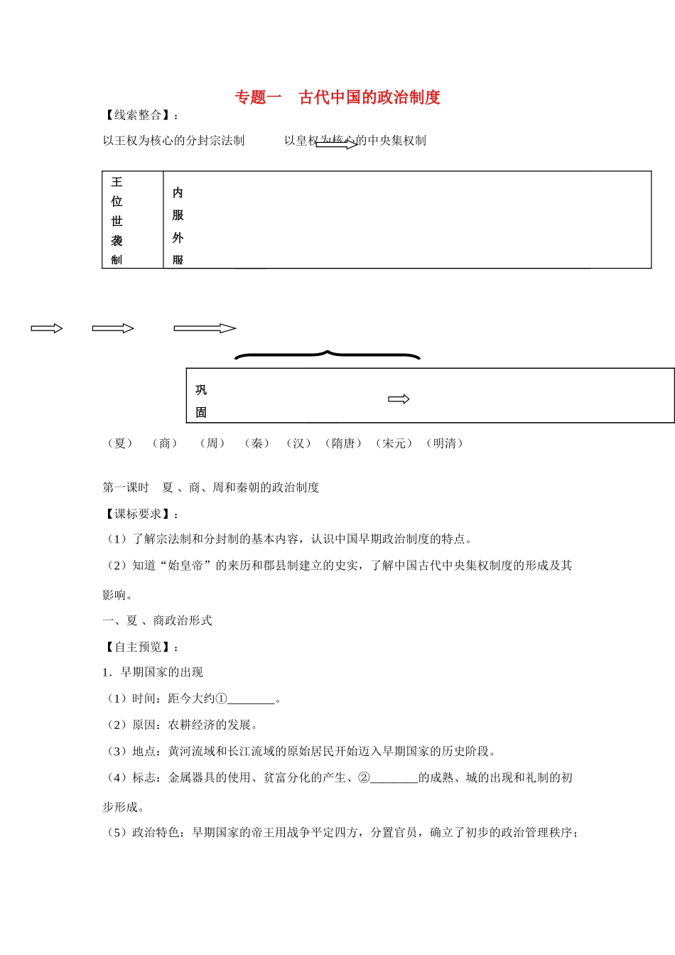 高中历史 专题一《古代中国的政治制度》复习学案1 人民版必修1_第1页