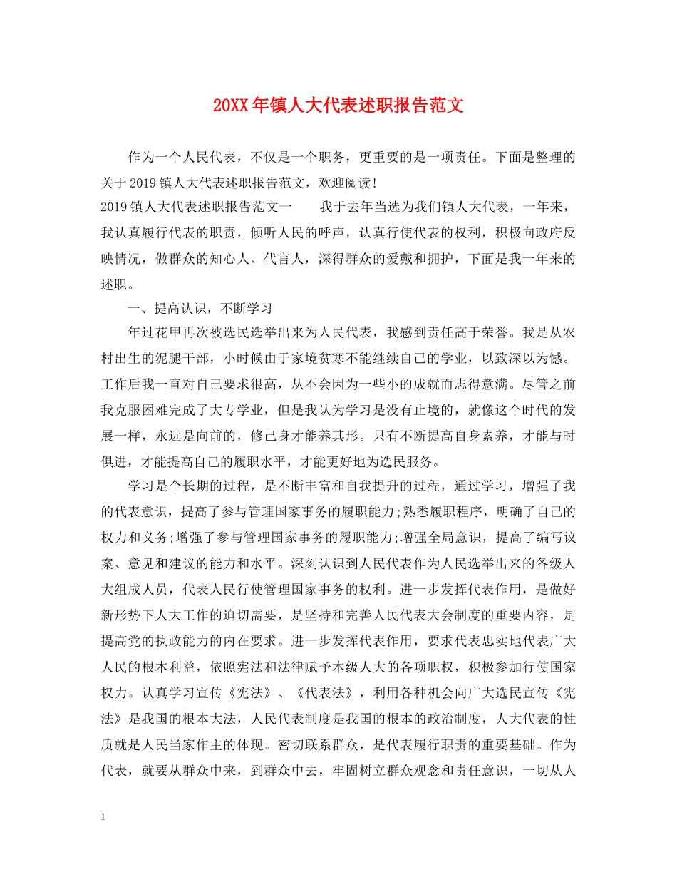 20XX年镇人大代表述职报告范文 _第1页