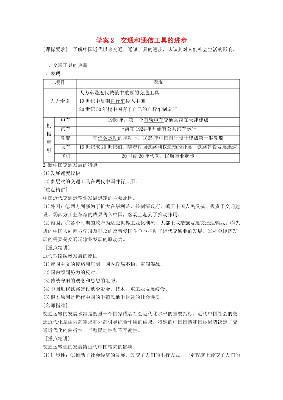 高中历史 专题四 中国近现代社会生活的变迁 课时2 交通和通信工具的进步学案 人民版必修2-人民版高一必修2历史学案_第1页