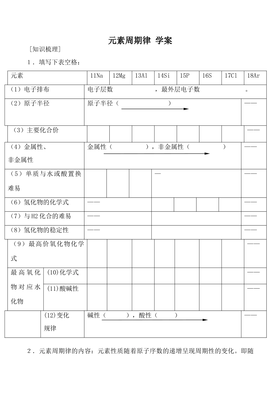上科版高一化学元素周期律 学案1_第1页