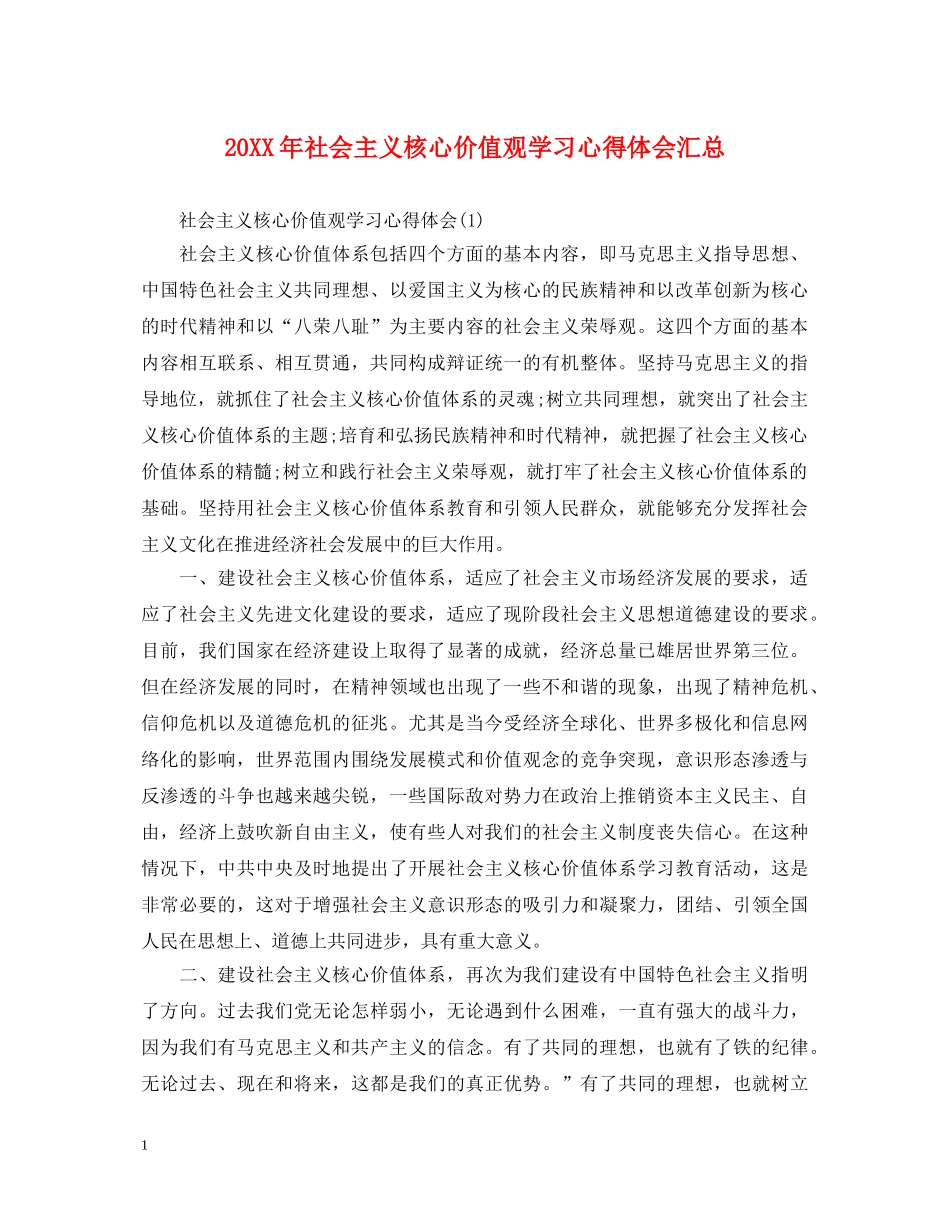 20XX年社会主义核心价值观学习心得体会汇总 _第1页