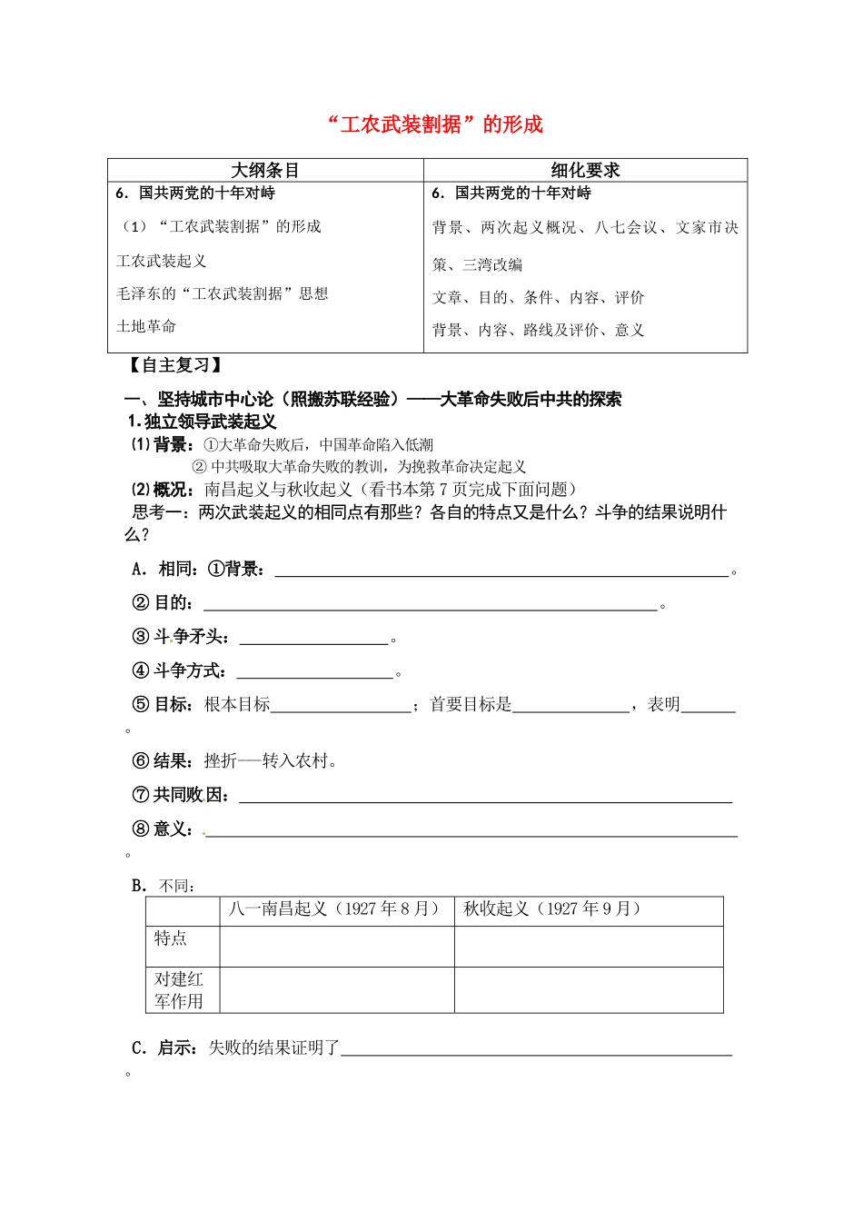 河北存瑞中学高三历史 考点18工农武装格局形成3（中国近现代史）复习学案_第1页