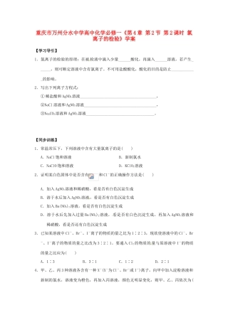 重庆市万州分水中学高中化学《第4章 第2节 第2课时 氯离子的检验》学案 新人教版必修1