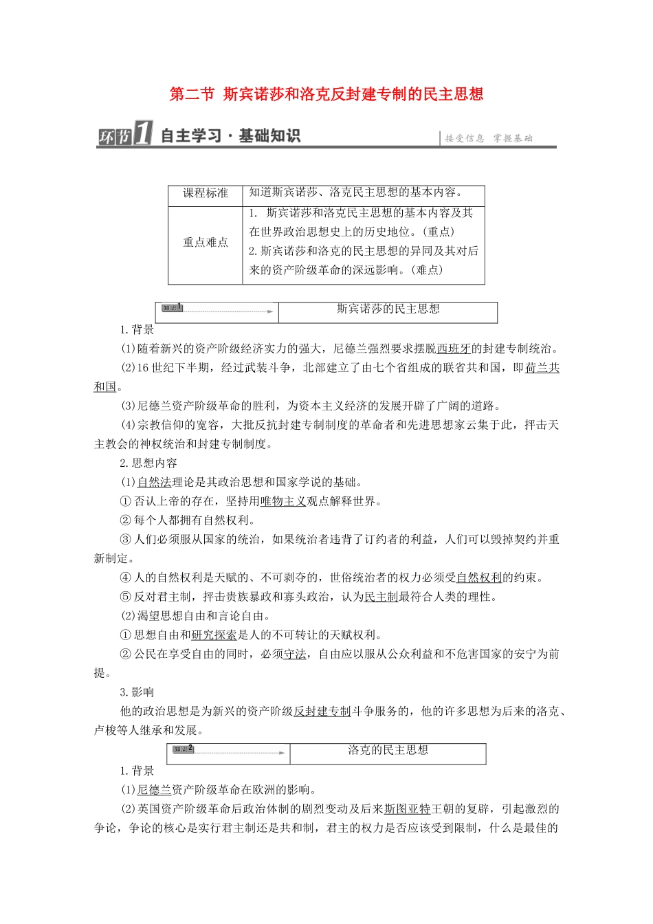 高中历史 第1章 专制理论与民主思想 第2节 斯宾诺莎和洛克反封建专制的民主思想学案 北师大版选修2-北师大版高中选修2历史学案_第1页