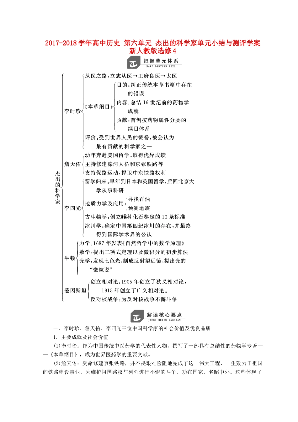 高中历史 第六单元 杰出的科学家单元小结与测评学案 新人教版选修4-新人教版高二选修4历史学案_第1页