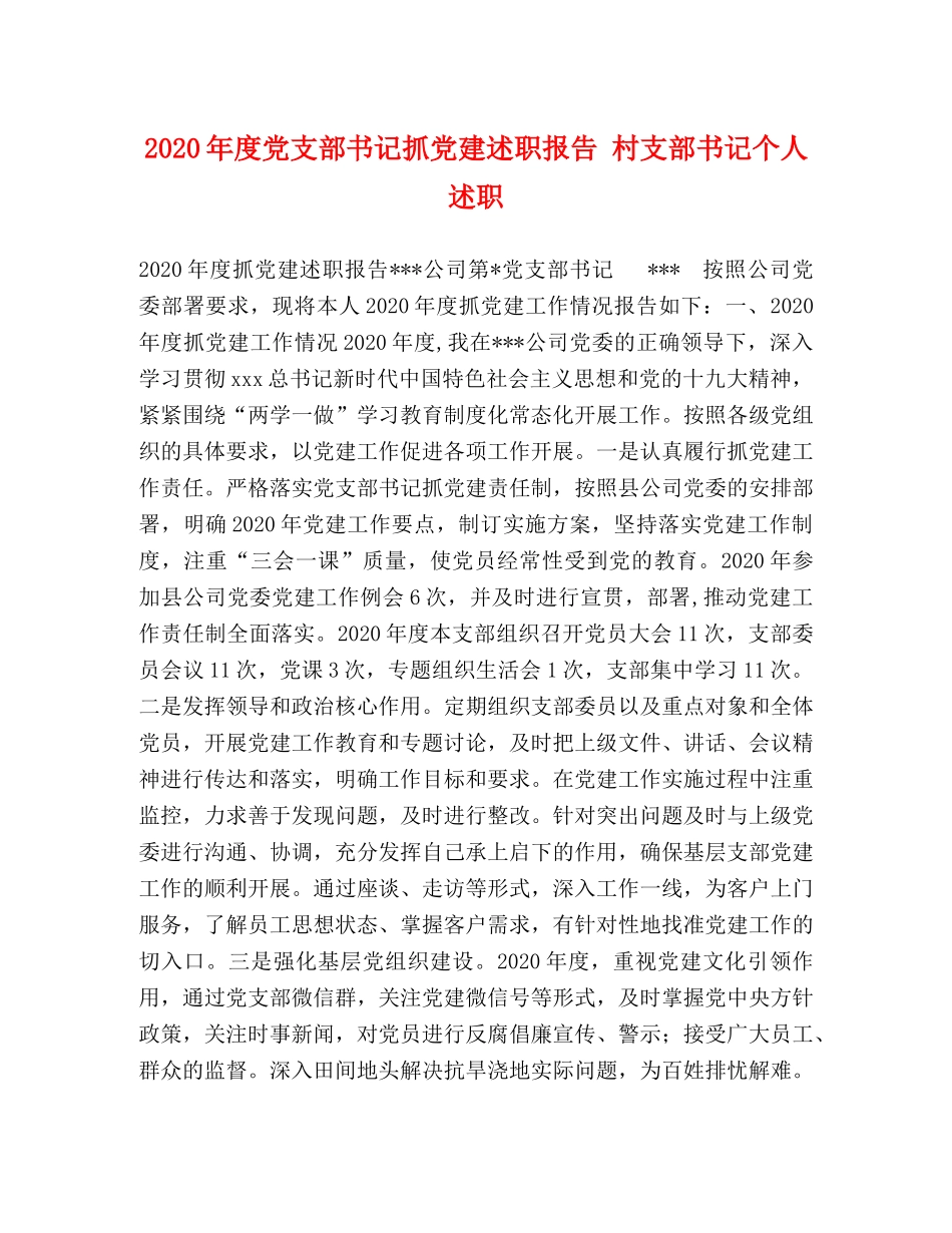 2024年度党支部书记抓党建述职报告 村支部书记个人述职 _第1页