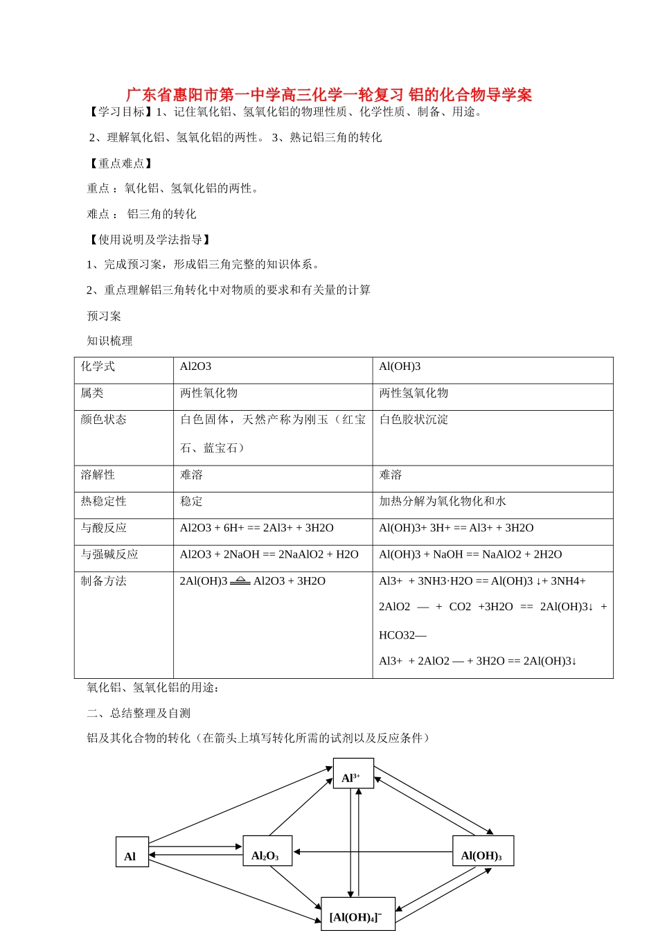 广东省惠阳市第一中学高三化学一轮复习 铝的化合物导学案_第1页