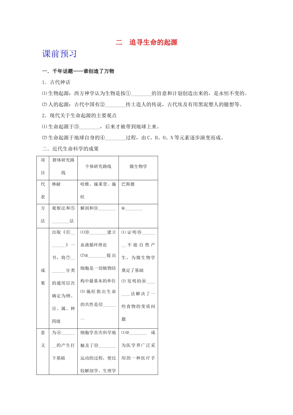 高中历史 专题七2追寻生命的起源学案 人民版必修3_第1页