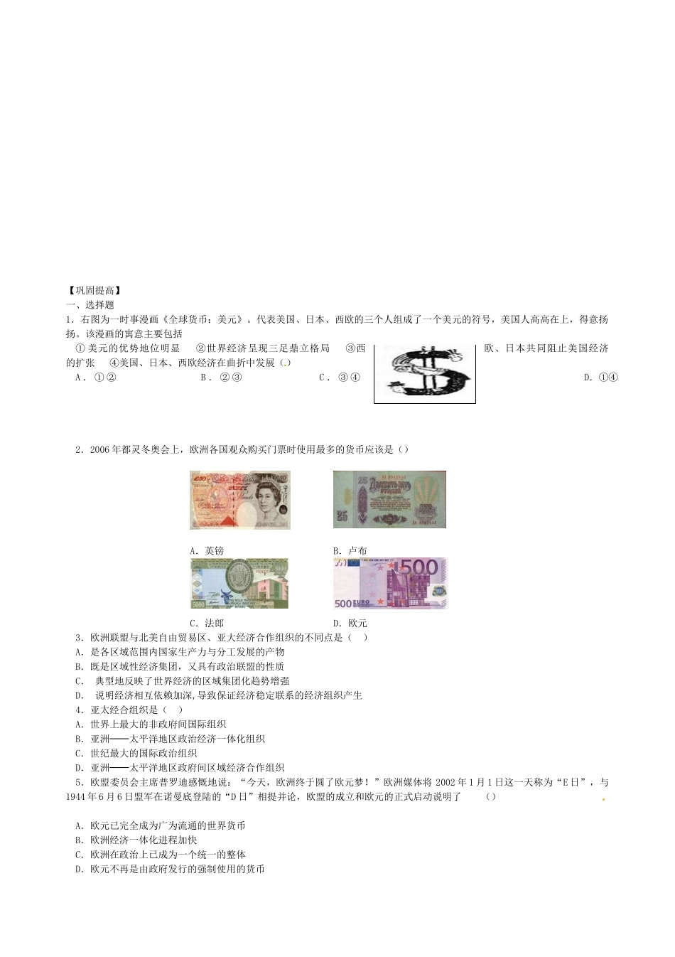高中历史 第23课 世界经济的区域集团化导学案（无答案）新人教版必修2-新人教版高一必修2历史学案_第2页