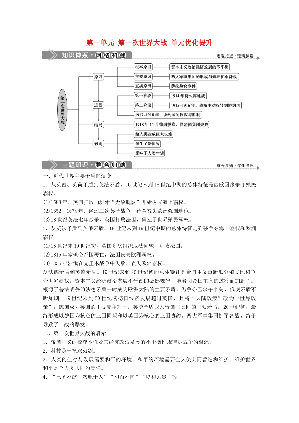 高中历史 第一单元 第一次世界大战单元优化提升学案 岳麓版选修3-岳麓版高二选修3历史学案_第1页