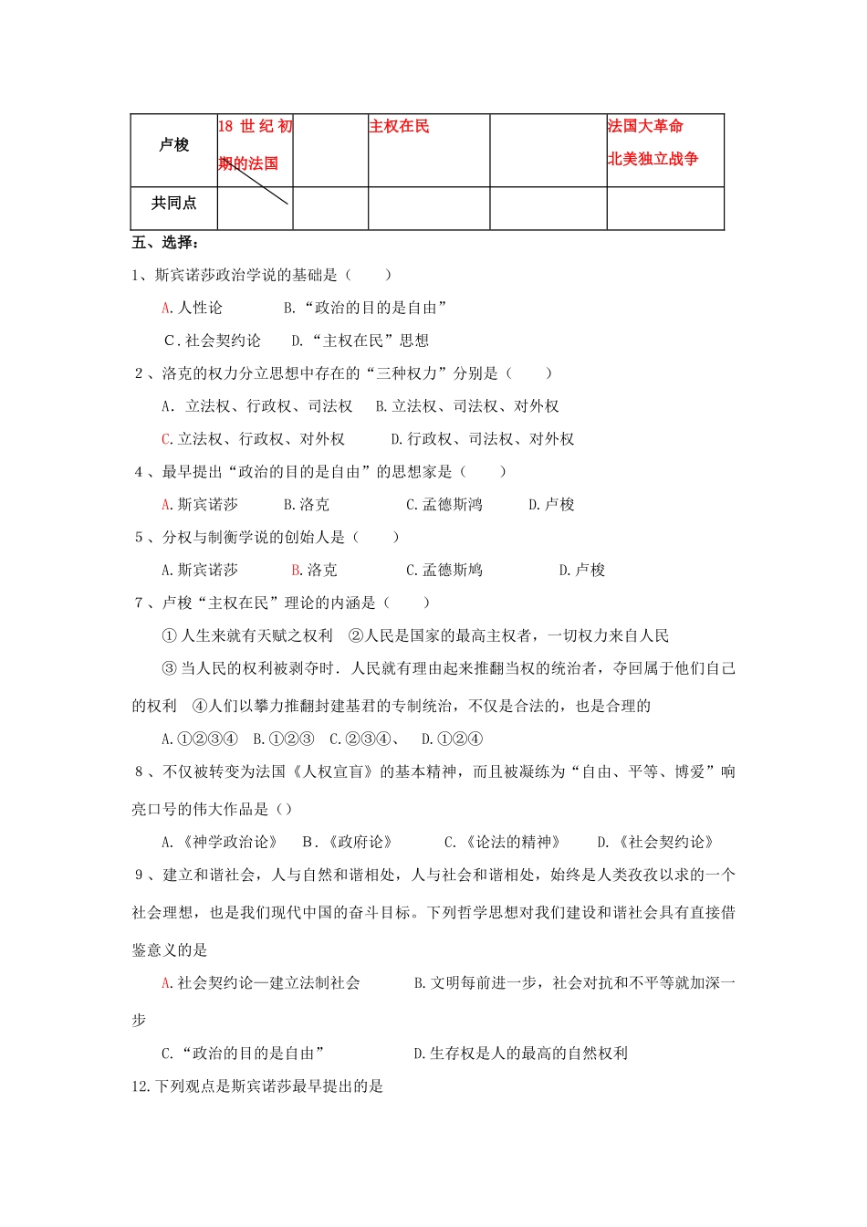 高中历史第一单元专制理论与民主思想的冲突学案与测试选修二_第3页