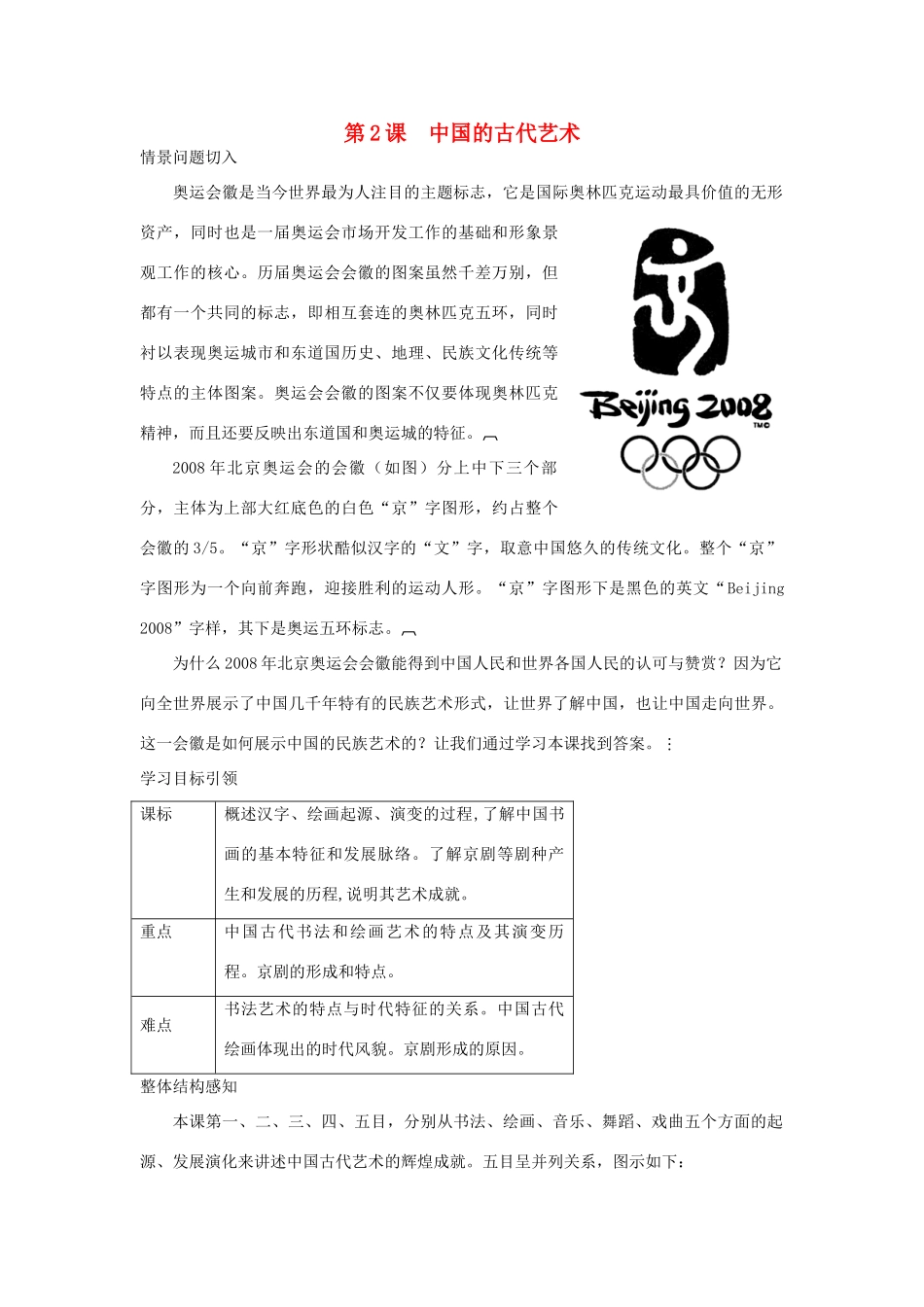 高中历史 专题2 第2课 中国的古代艺术导学案 人民版必修3_第1页