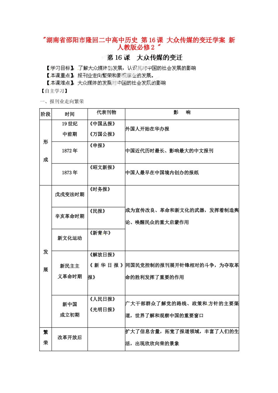 湖南省邵阳市隆回二中高中历史 第16课 大众传媒的变迁学案 新人教版必修2 _第1页
