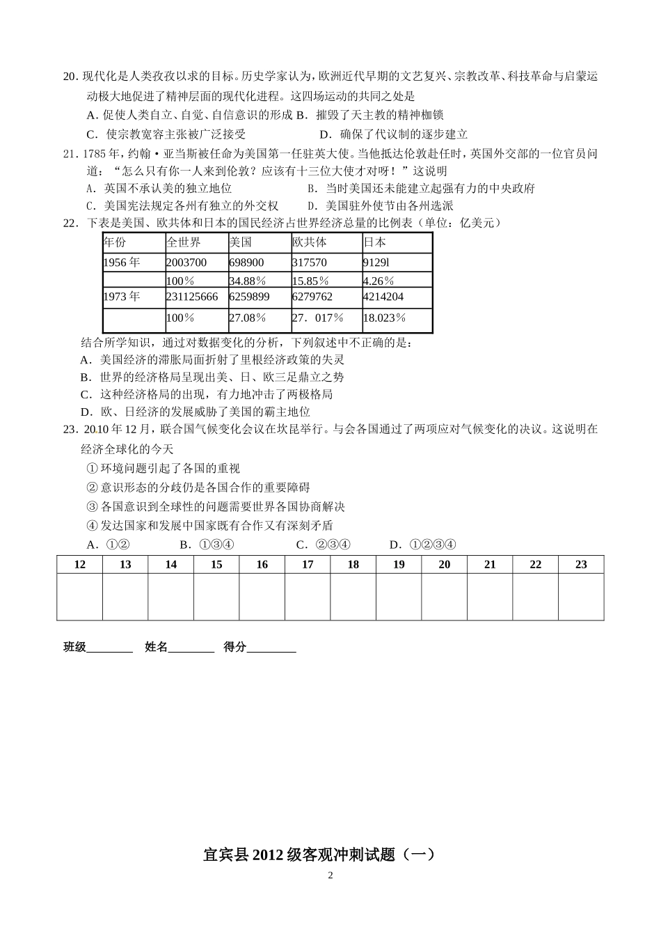 宜宾县2012级客观冲刺试题（1）_第2页