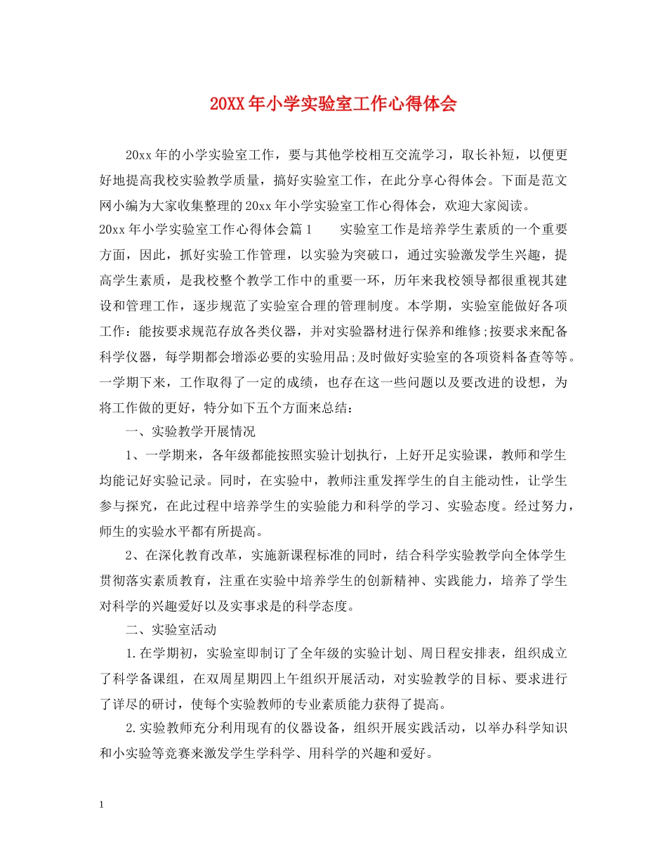 20XX年小学实验室工作心得体会 _第1页