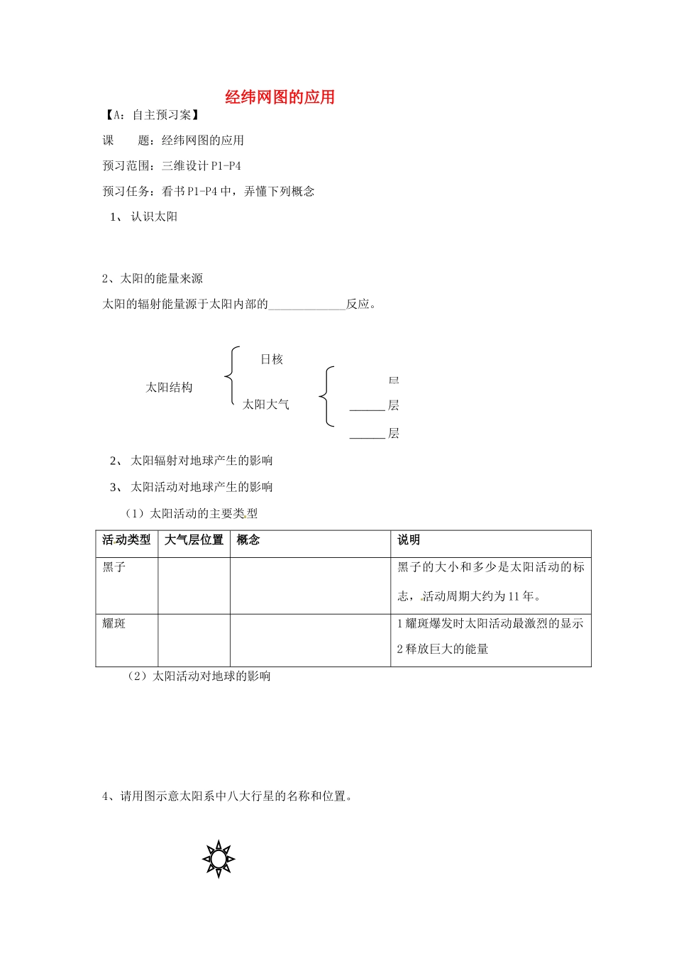 江苏省射阳县第二中学高中地理 活动单 经纬网图的应用学案 新人教版必修1_第1页