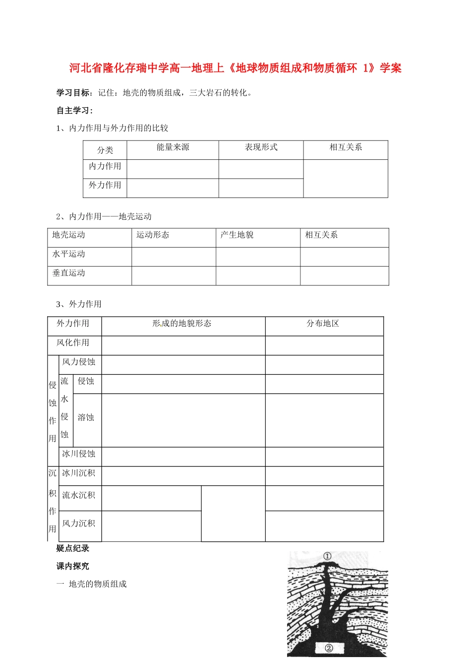 河北省隆化存瑞中学高一地理上册《地球物质组成和物质循环》学案_第1页