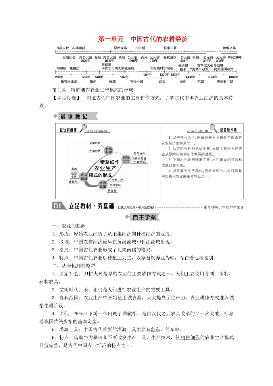高中历史 第一单元 中国古代的农耕经济 第1课 精耕细作农业生产模式的形成学案（含解析）岳麓版必修2-岳麓版高一必修2历史学案_第1页