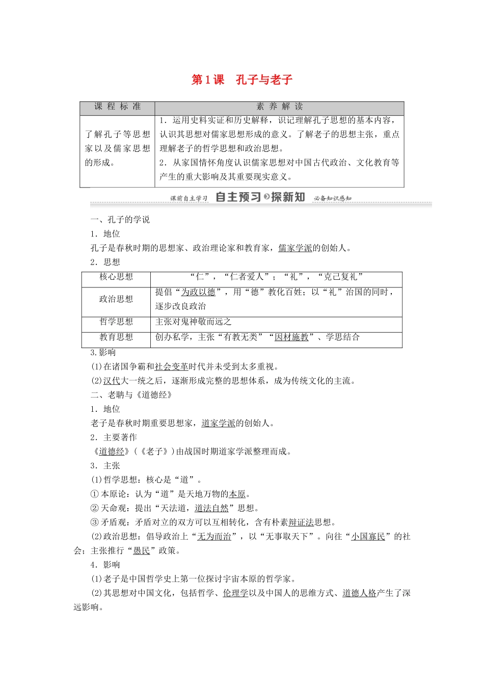 高中历史 第1单元 中国古代的思想与科技 第1课 孔子与老子学案 岳麓版必修3-岳麓版高二必修3历史学案_第1页