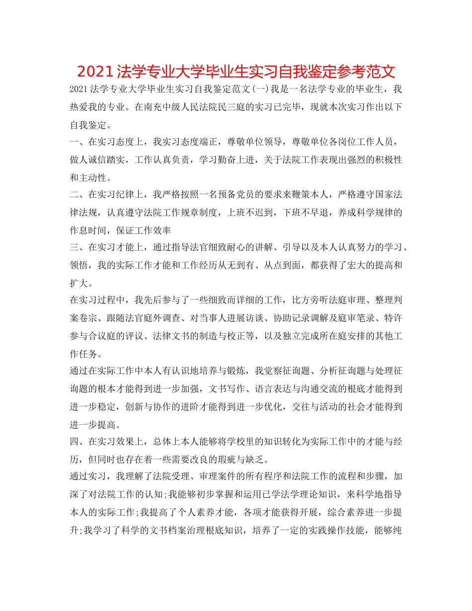 2024法学专业大学毕业生实习自我鉴定参考范文 _第1页