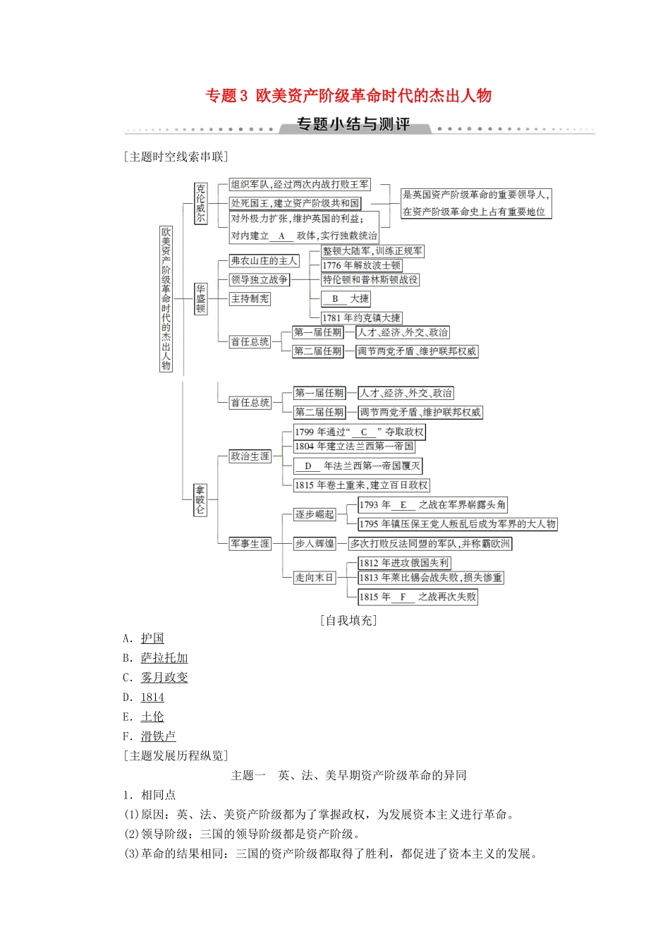 高中历史 专题3 欧美资产阶级革命时代的杰出人物专题小结与测评学案 人民版选修4-人民版高二选修4历史学案_第1页