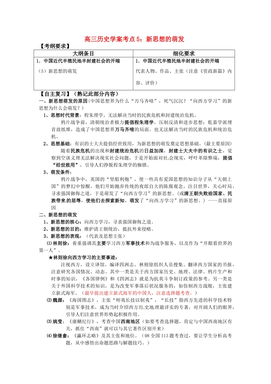 河北省存瑞中学高三历史 考点5 新思想的萌发（中国近现代史）复习学案 人教版_第1页